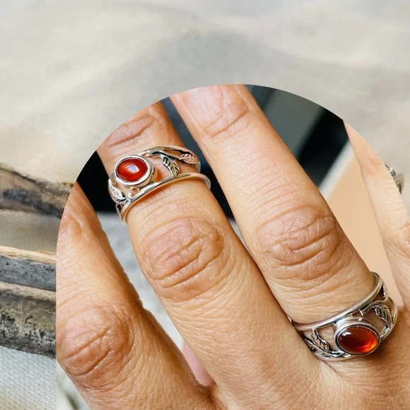 925 Sterling Silver Ring!!pretty folliage Band with Natural carnelian! Us: 7,8,9 - Picture 4 of 15